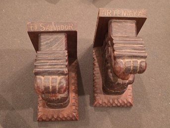 Artemaya El Salvador Hand Carved Wood Mayan Figural Bookend Pair