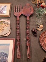 Vintage Large Hand Carved Hardwood Fork And Spoon Wall Decor Set