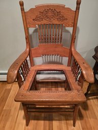 Antique Oak Press Back Armchair Carved Acanthus Crest Turned Spindles Victorian Needs Recaning