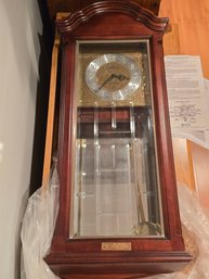 Vintage Howard Miller Cherry Wall Clock Pendulum Chime Arched Bonnet Beveled Glass W/Papers 1996