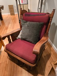 Vintage Platform Rocker Armchair Turned Spindle Posts Tweed Upholstery Burgundy