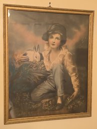 Antique Hand Tinted Print Girl White Rabbit Gold Gilt Frame C1920s Chromolithograph