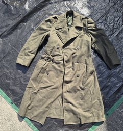 Vintage USMC US Marines OD Green Wool Overcoat Long Trench Coat Double Breasted 1950s Korean War Era