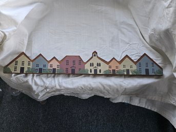 Vintage Painted Wood Village Streetscape Wall Hanging Primitive Folk Art Pastel Houses