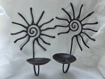 Vintage Wrought Iron Sun Wall Sconce Candle Holders Pair Spiral Folk Art Black