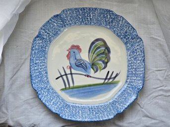 Vintage Spongeware Rooster Platter Blue White Spatter Hand Painted Scalloped Edge