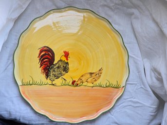 Vintage Hand Painted Rooster Hen Plate Yellow Green Scalloped Edge Farmhouse Folk Art