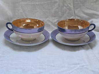 Vintage Japanese Lusterware Cup Saucer Set 2 Purple Peach Gold Interior Tea Set Japan