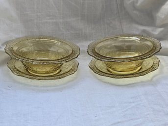 Vintage Federal Glass Baroque Yellow Topaz Depression Glass Bowl Underplate Set 4 Pc