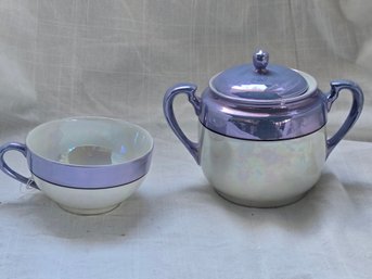 Vintage Noritake Lusterware Tea Cup Sugar Bowl Set Purple Pearl Pre-War Japan M-Wreath Mark