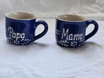 Brgelkeramik German Stoneware Mama Papa Mug Set 2 Hand Thrown Blue White Thuringia