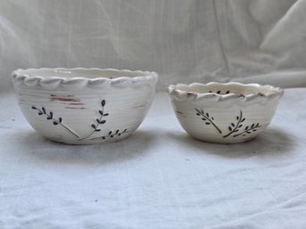 Ceramic Nesting Bowl Set 2 White Lavender Floral Scalloped Edge Farmhouse
