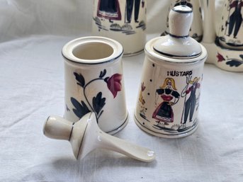 Vintage Fred Roberts Farmer Wife Ceramic 5 Pc Set Oil Vinegar Mustard Relish Jar Pitcher
