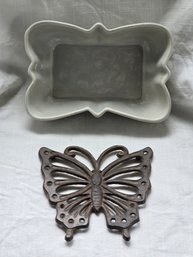 Vintage USA Pottery Plant Pot Dish Cast Iron Butterfly Trivet Lot White Ceramic Garden