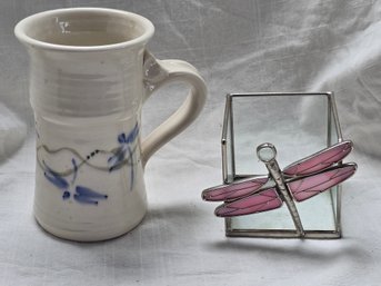 Studio Pottery Dragonfly MugSigned Artist  Stained Glass Leaded Openwork Box Lot 2 Dragonfly Theme