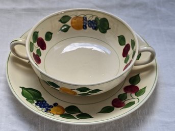 Antique Adams Royal Ivory Titian Ware Cream Soup Bowl Saucer Hand Painted Fruit England 1924