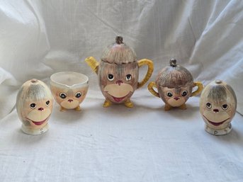Vintage Kenmar Japan Coconut Monkey Face Tea Set 5 Pc Florida Souvenir Teapot Creamer Sugar Salt Pepper