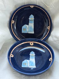 Brushes KIC Hand Painted Cobalt Blue Lighthouse Plate Set 2 Nautical Rope Border