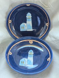 Brushes KIC Hand Painted Cobalt Blue Lighthouse Plate Set 2 Nautical Rope Border #2