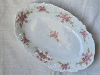 Antique Elite Limoges France Porcelain Oval Serving Bowl Pink Floral Scalloped Edge