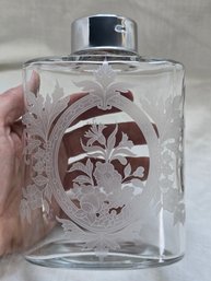 Glass Water Flask Wheel Etched Floral Medallion Chrome Lid