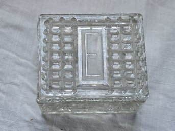 Vintage Clear Pressed Glass Lidded Trinket Box Diamond Cut Star Pattern Vanity Box