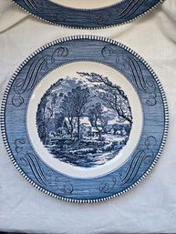 Vintage Ironstone China Currier & Ives Old Grist Mill Blue White Dinner Plate Set 2 USA