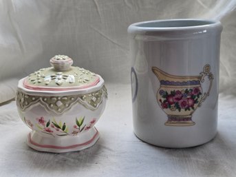 Lot Of 2 Lidded Sugar Jar Floral Crock Pink Beauty Farmhouse