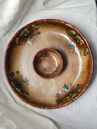Glass Chip Dip Serving Platter Pine Cone Motif Brown Amber Center Dip Bowl