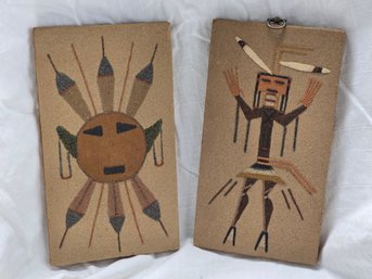 Vintage Navajo Sandpainting Pair Sun Face & Yei Dancer Natural Sand Folk Art Wall Plaques