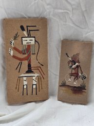 Vintage Navajo Sandpainting Pair Yei Dancer & Hoop Dancer Natural Earth Tones Signed Folk Art Plaques