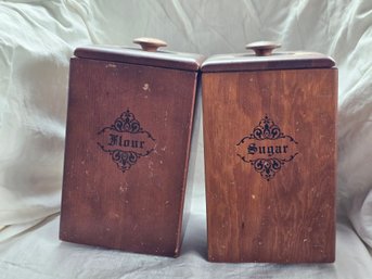 Vintage Wood Flour & Sugar Canister Set Lidded Kitchen Storage Canisters