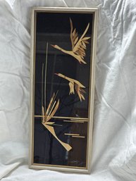 Vintage East German DDR VEB Raumschmuck Straw Marquetry Flying Cranes Folk Art Framed Wall Art