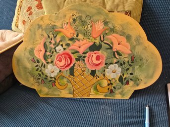 Vintage Hand Painted Wood Folk Art Floral Panel Roses Lilies Basket Tole Style Wall Decor