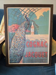 Vintage Cognac Jacquet Peacock Advertising Poster Print Framed French Art Nouveau Bar Decor