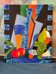 Vintage Cubist Still Life Ceramic Art Tile Fruit Bottle Glass Bold Color Wall Plaque
