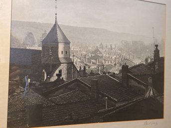 Vintage Neal Landy Signed Photograph French Village Rooftops Church Steeple Atmospheric Framed