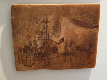 Vintage A. Lowther Signed Pyrography Wood Burning Tall Ship Harbor Lighthouse Nautical Plank Art