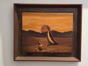 R. Johnson Signed Wood Marquetry Inlay Sailboat Sunset Seascape Mixed Wood Wall Art Framed
