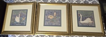 Vintage Signed Glazed Ceramic Tile Art Set Of 3 Swan Lotus Pond Blue Gold Framed Wall Art