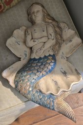 Vintage Folk Art Carved Wood Mermaid Wall Plaque Blue Gold Painted Nautical Coastal Decor