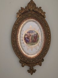 Antique Atlas China 22K Gold Neoclassical Porcelain Oval Plaque Figural Scene Ornate Gilt Frame