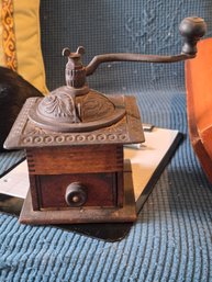 Antique Cast Iron Wood Coffee Grinder Hand Crank Ornate