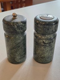 Vintage Green Marble Salt Shaker & Pepper Mill Set Heavy Stone Tableware Farmhouse Kitchen