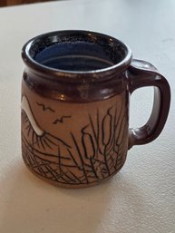 Olaf 1992 Studio Pottery Mug Sgraffito Landscape Stoneware Signed Art Pottery