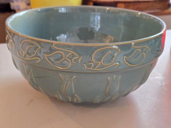 Vintage Gibson Celadon Green Pottery Bowl Embossed Tulip Art Nouveau Floral Relief Large