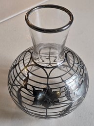 Vintage Glass Vase Silver Overlay Floral Lattice Art Nouveau Style Silver Rim Bulbous Decanter