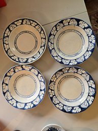 Potting Shed Dedham Pottery Rabbit Border Bowls Set Of 4 Blue White Crackle USA