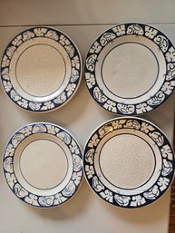 Potting Shed Dedham Pottery Rabbit Border Dinner Plates Set Of 4 Blue White Crackle USA