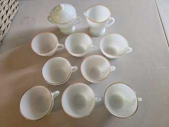 Anchor Hocking Fire-King Milk Glass 10-Pc Set 8 Cups Sugar Creamer Gold Rim USA